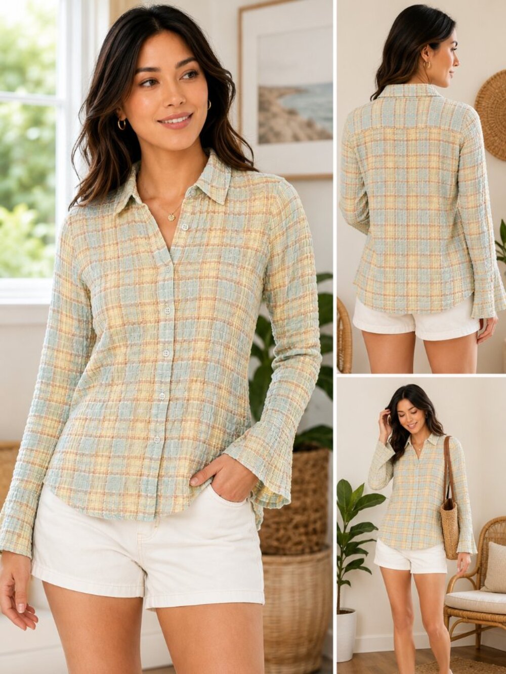 NWT Sienna Crinkle Plaid Cotton Blend Button Up Shirt Size S
